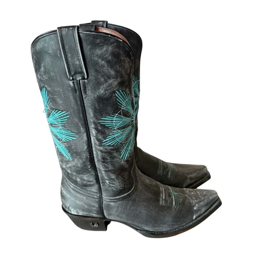 Eight Second Angel Leather Snip Toe Cheyenne Cowgirl Boots Gray and Turquoise 10 - Picture 5 of 10